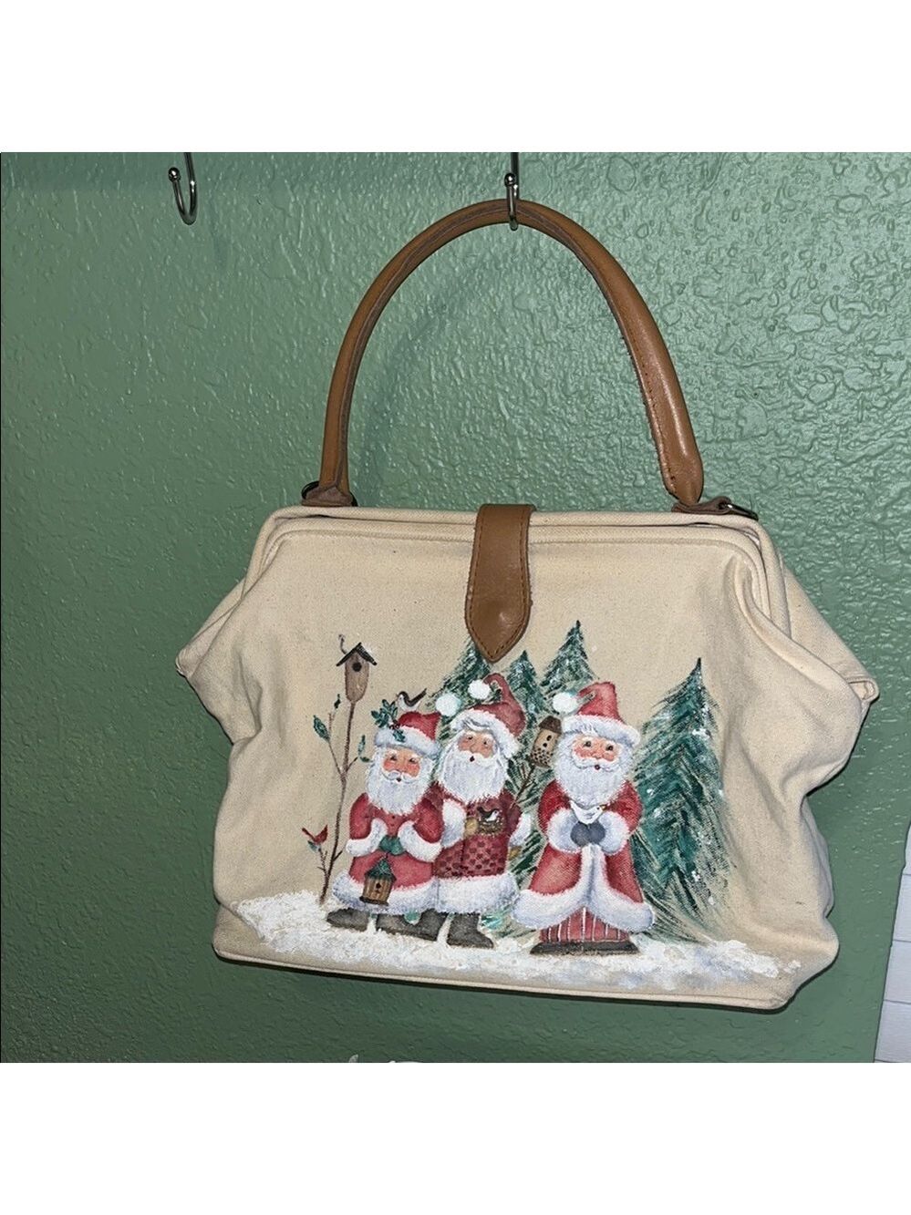 Vintage Hand Painted Santa Canvas Tote Bag Christmas Purse cottagecore granny